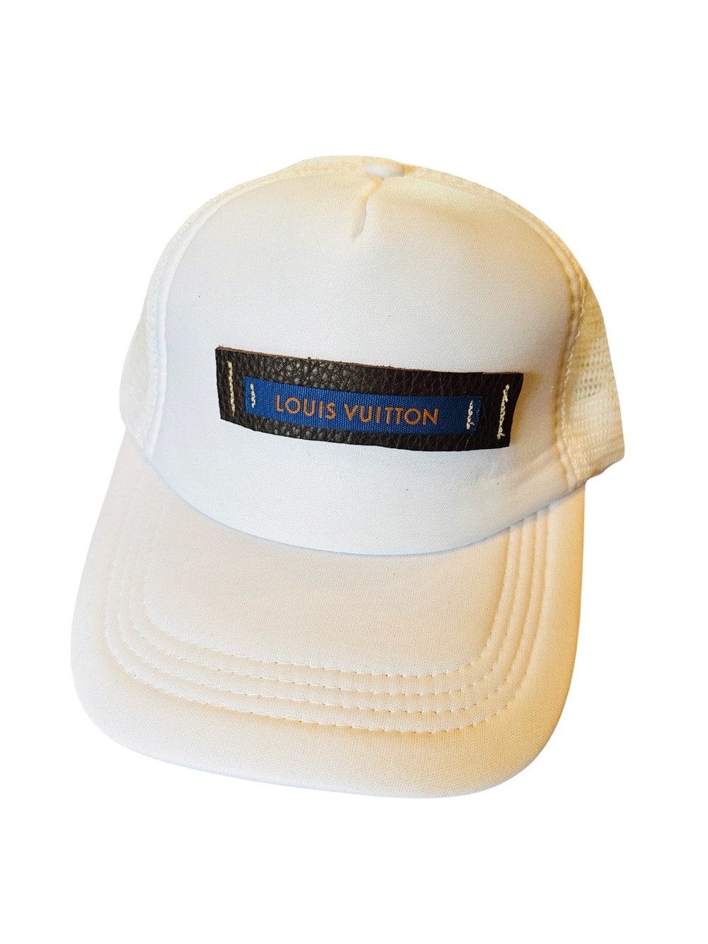 Upcycled White Trucker Hat Louis Vuitton Leather + Monogram Patch